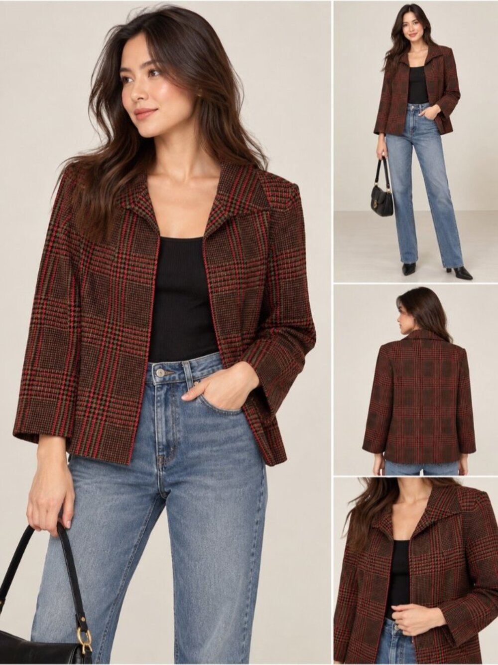 Kimberly Pure Wool Women's Plaid Notched-Collar Blazer Jacket in Brown & Red